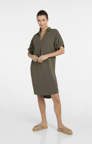 V-neck dress with pleated sleeves
